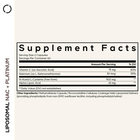 Codeage Liposomal NAC+ Platinum capsules closeup highlighting convenient vegan capsules.