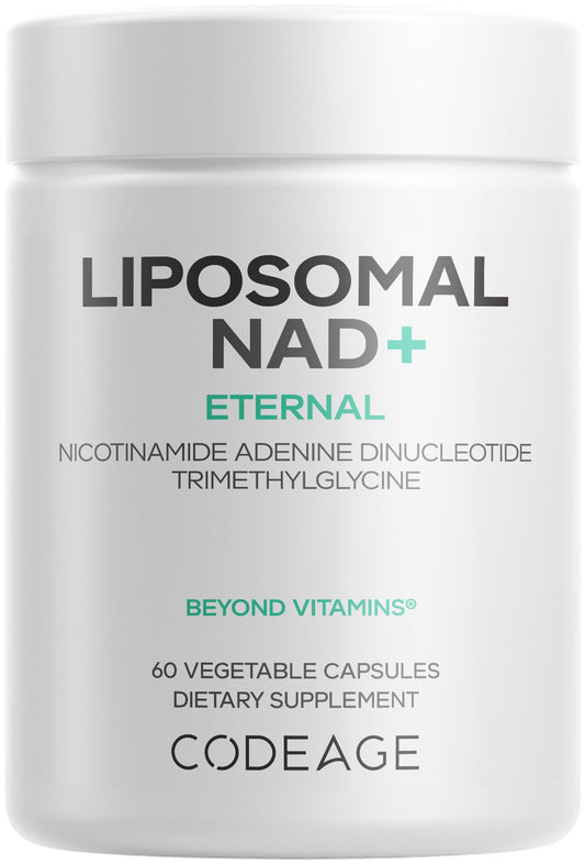 Codeage Liposomal NAD+ bottle cap shows 500 mg per serving for daily use