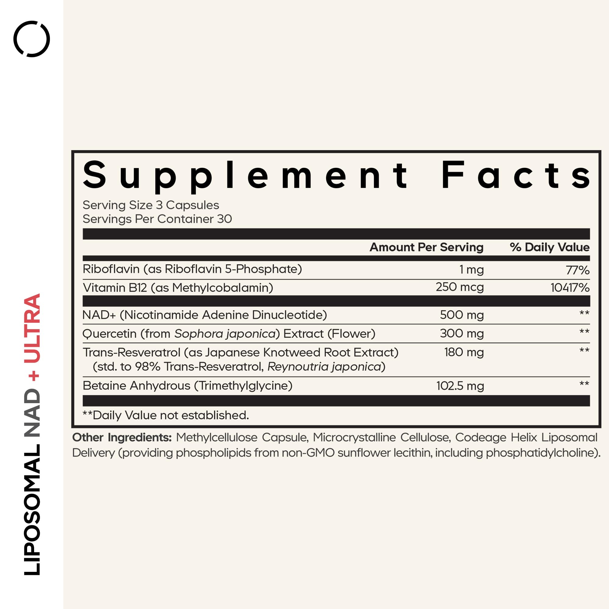 Codeage Liposomal NAD+ Ultra bottle label featuring quercetin and resveratrol ingredients.