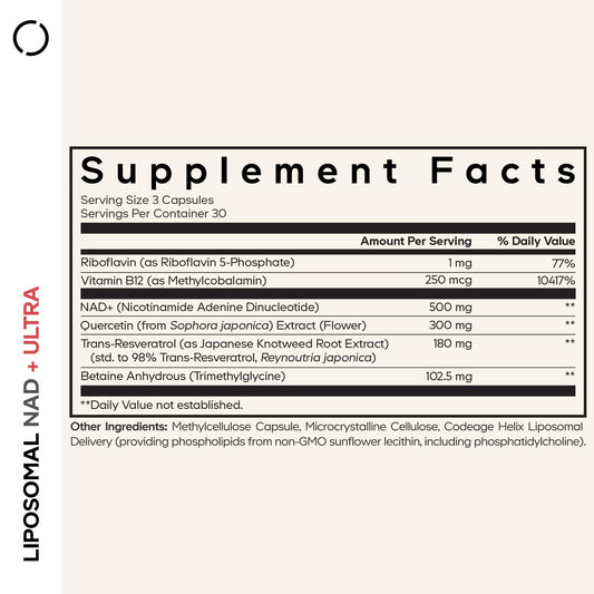 Codeage Liposomal NAD+ Ultra bottle label featuring quercetin and resveratrol ingredients.