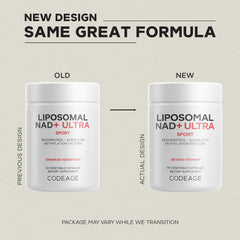 Codeage Liposomal NAD+ Ultra capsules in hand indicate daily NAD+ support.