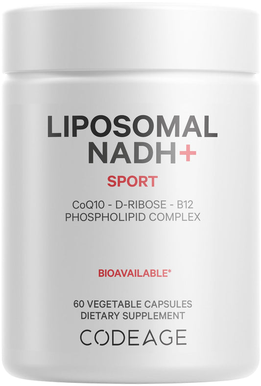 Codeage Liposomal NADH+ bottle shows premium liposomal formulation for potential energy support.