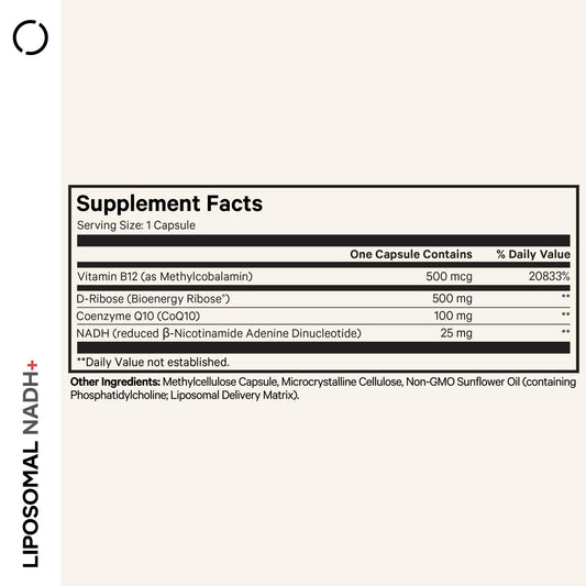 Codeage Liposomal NADH+ capsules close-up for easy daily supplementation.