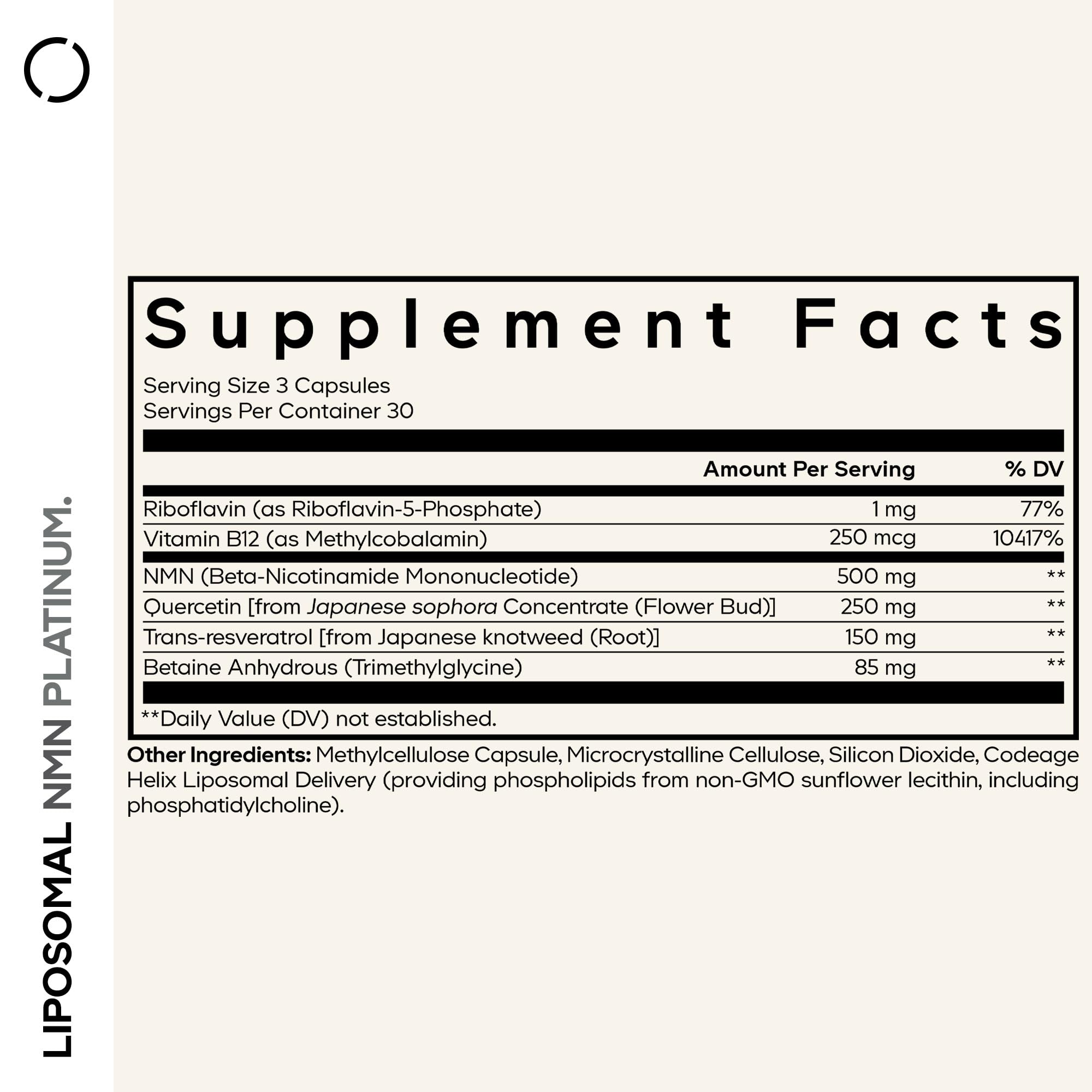 Codeage Liposomal NMN Platinum bottle back highlights ingredients and dosage details.