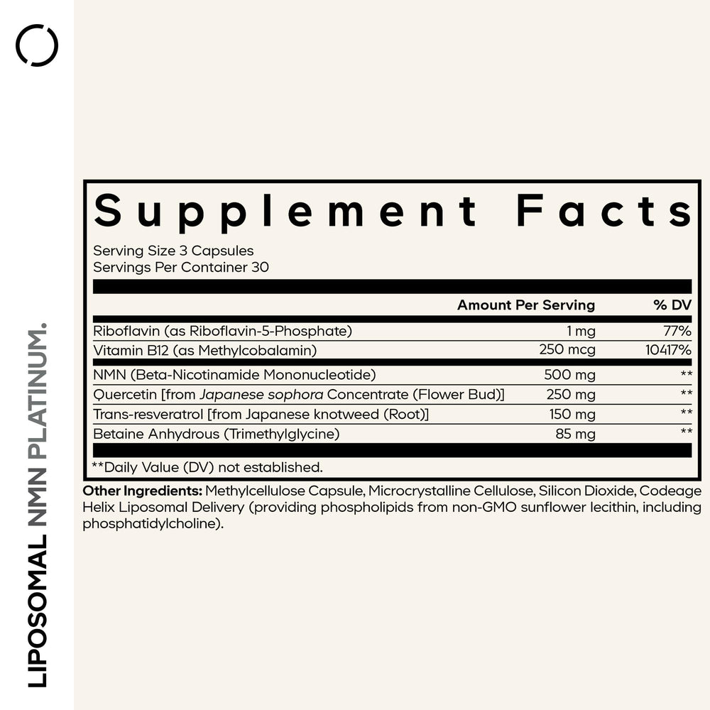 Codeage Liposomal NMN Platinum bottle back highlights ingredients and dosage details.