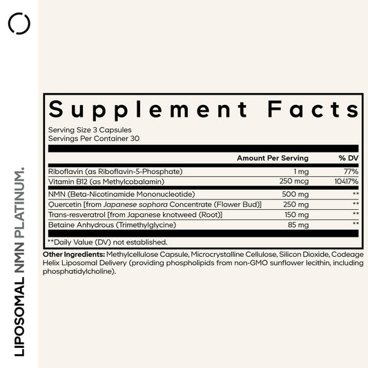 Codeage Liposomal NMN Platinum bottle back highlights ingredients and dosage details.