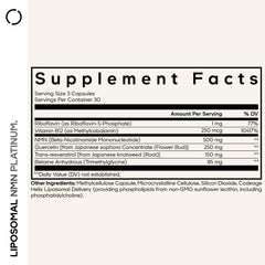 Codeage Liposomal NMN Platinum bottle back highlights ingredients and dosage details.