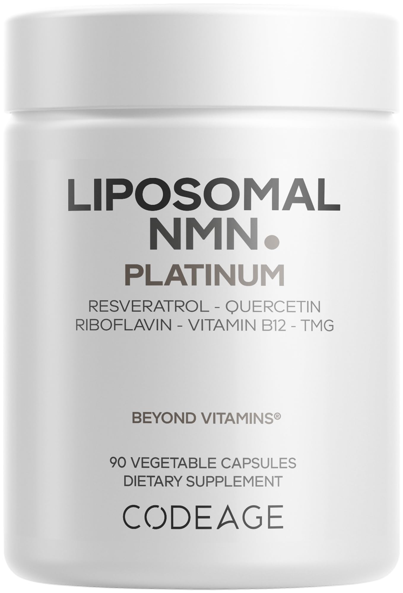 Codeage Liposomal NMN Platinum bottle front shows premium vegan formula for NAD support.