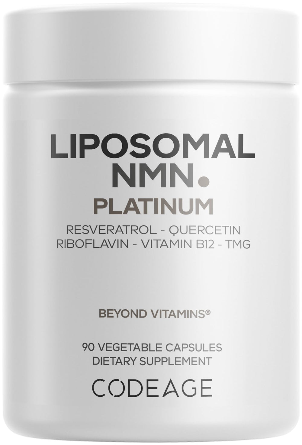 Codeage Liposomal NMN Platinum bottle front shows premium vegan formula for NAD support.