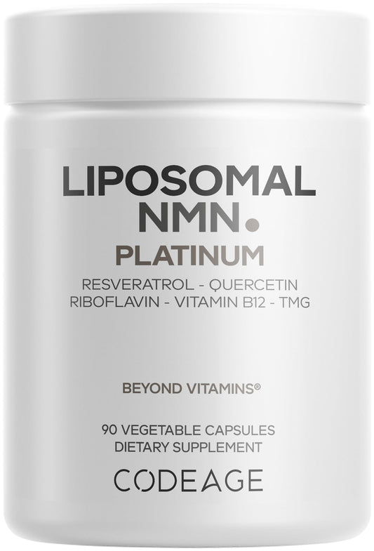 Codeage Liposomal NMN Platinum bottle front shows premium vegan formula for NAD support.