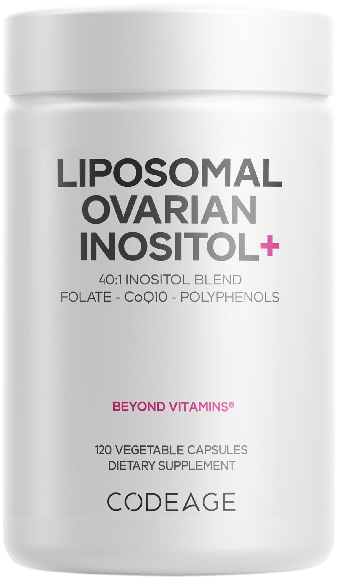 Codeage Liposomal Ovarian Inositol+ bottle pour demonstrates easy daily capsule use