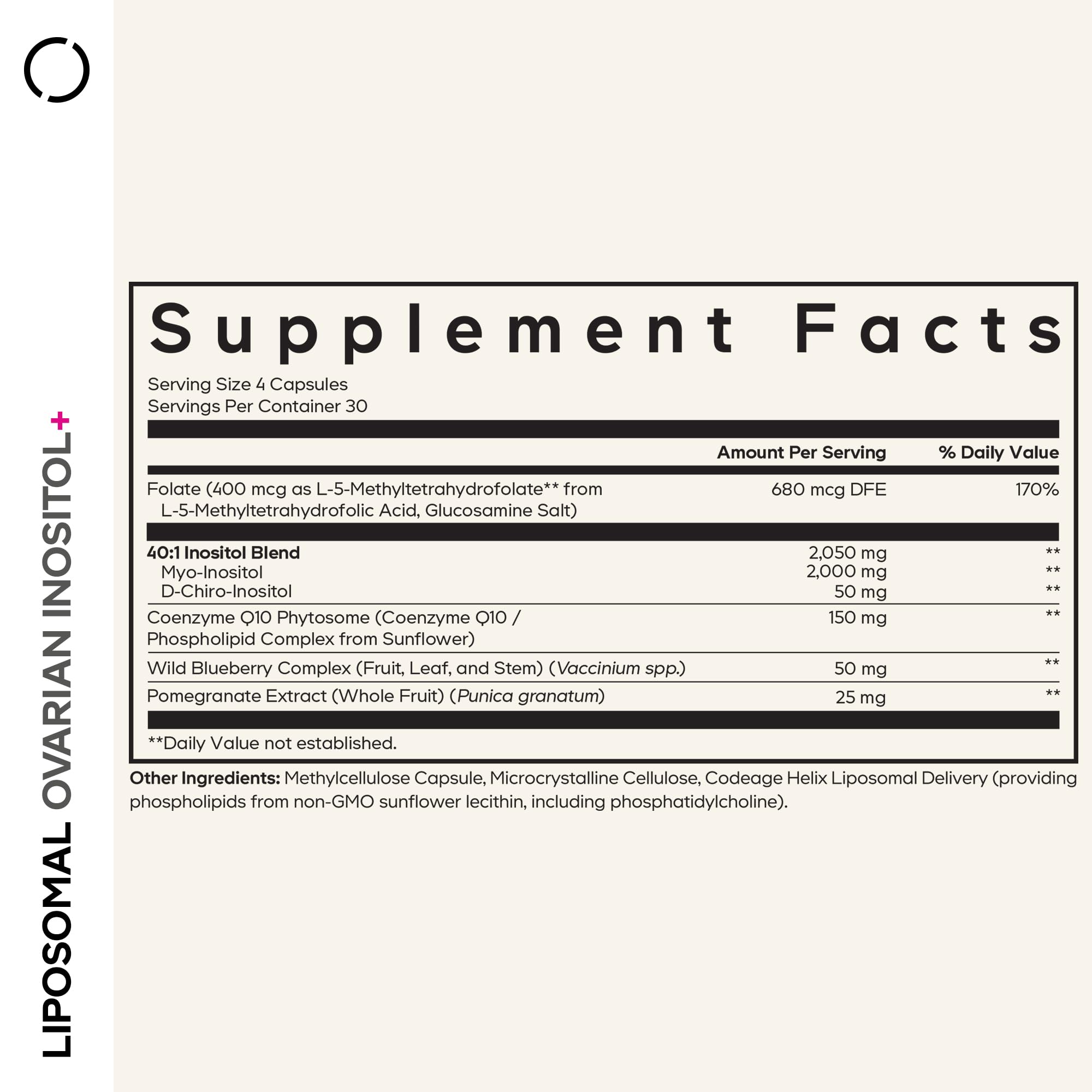 Codeage Liposomal Ovarian Inositol+ capsules closeup highlights convenient vegan capsules