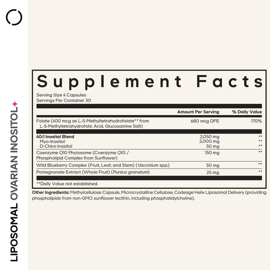 Codeage Liposomal Ovarian Inositol+ capsules closeup highlights convenient vegan capsules