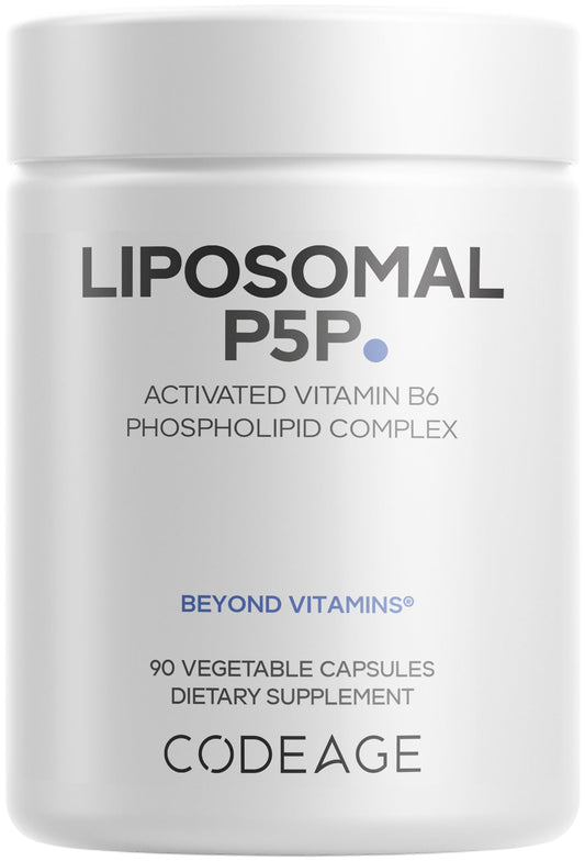Codeage Liposomal P5P bottle label shows active B6 form for daily supplementation.