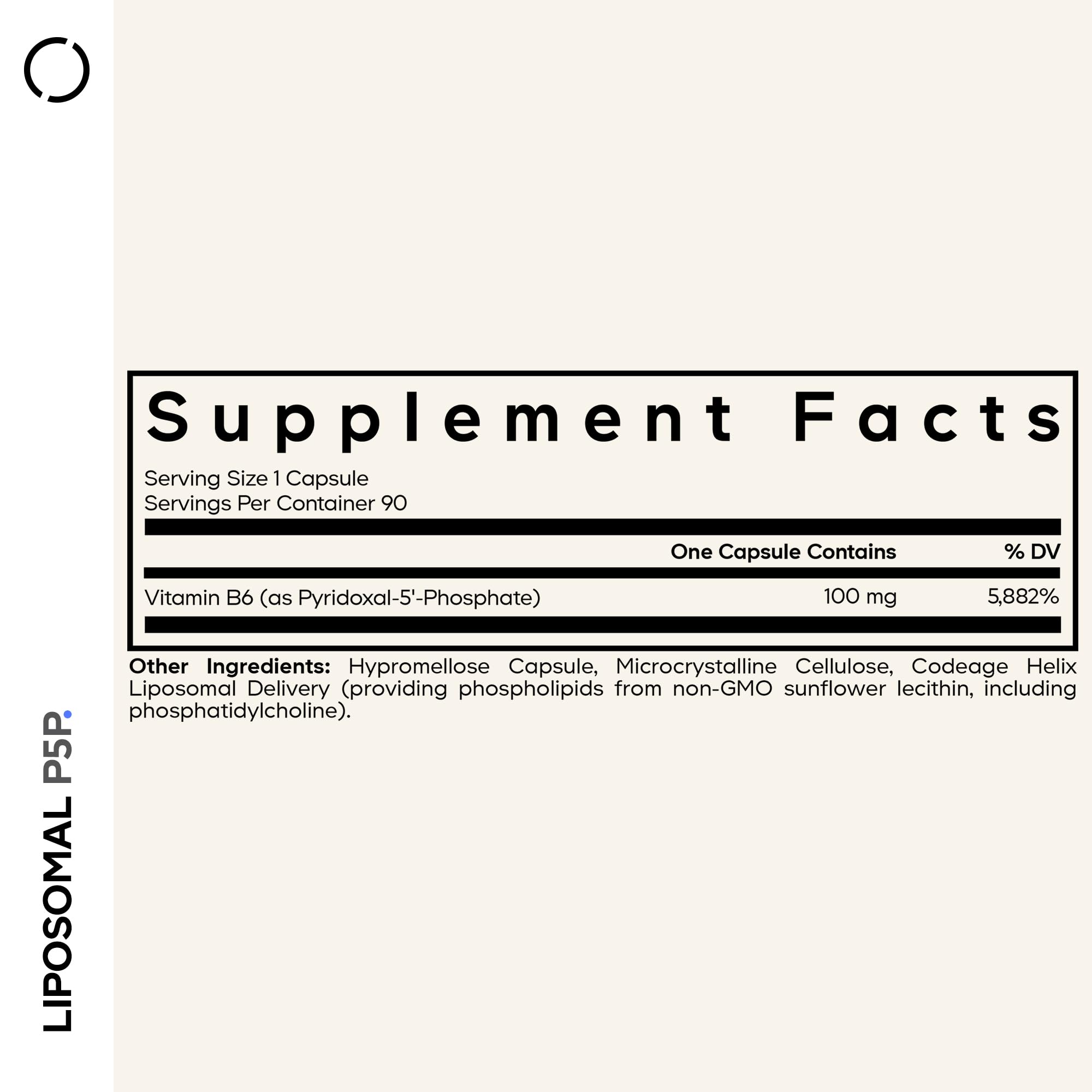 Codeage Liposomal P5P capsule close-up highlights 100 mg P5P per serving.
