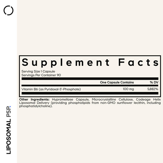 Codeage Liposomal P5P capsule close-up highlights 100 mg P5P per serving.