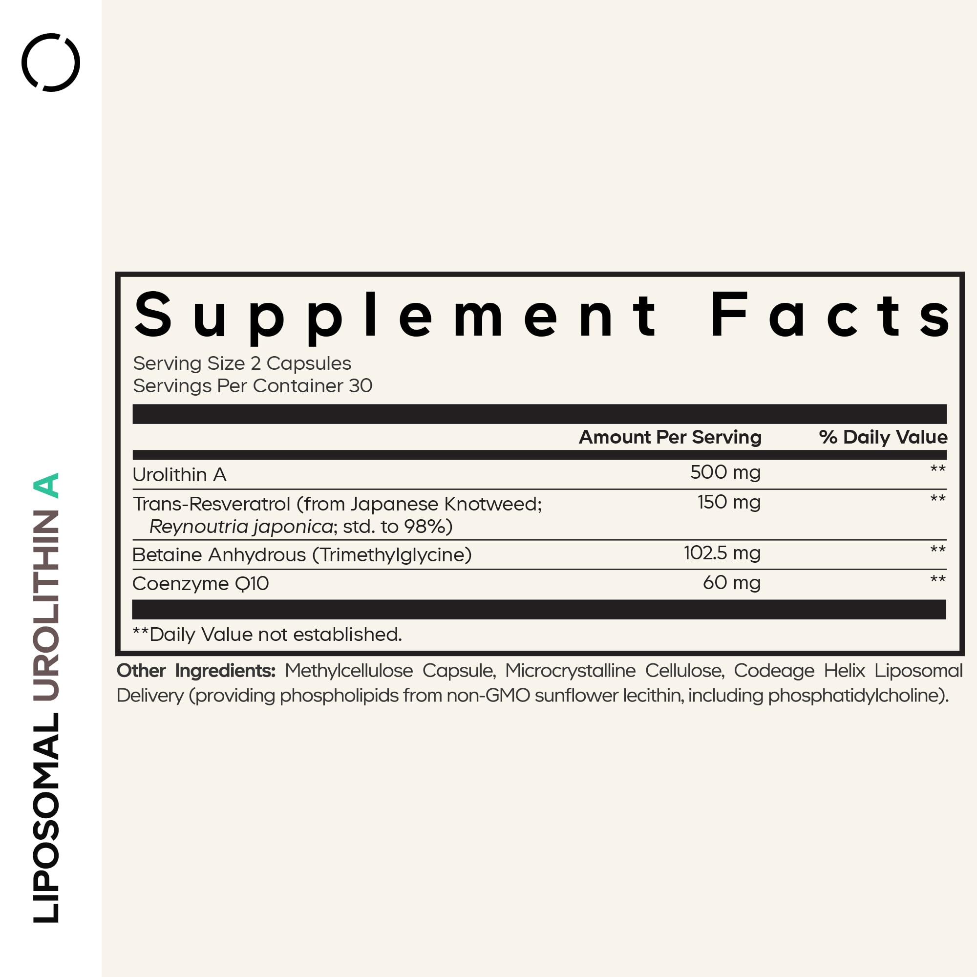 Codeage Liposomal Urolithin A label highlighting vegan and keto-friendly ingredients