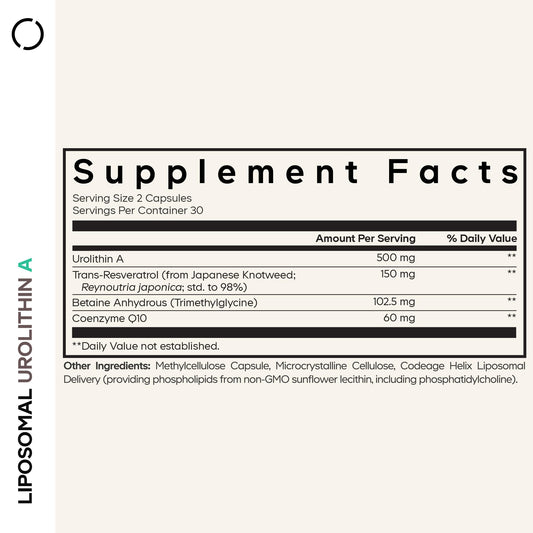 Codeage Liposomal Urolithin A label highlighting vegan and keto-friendly ingredients