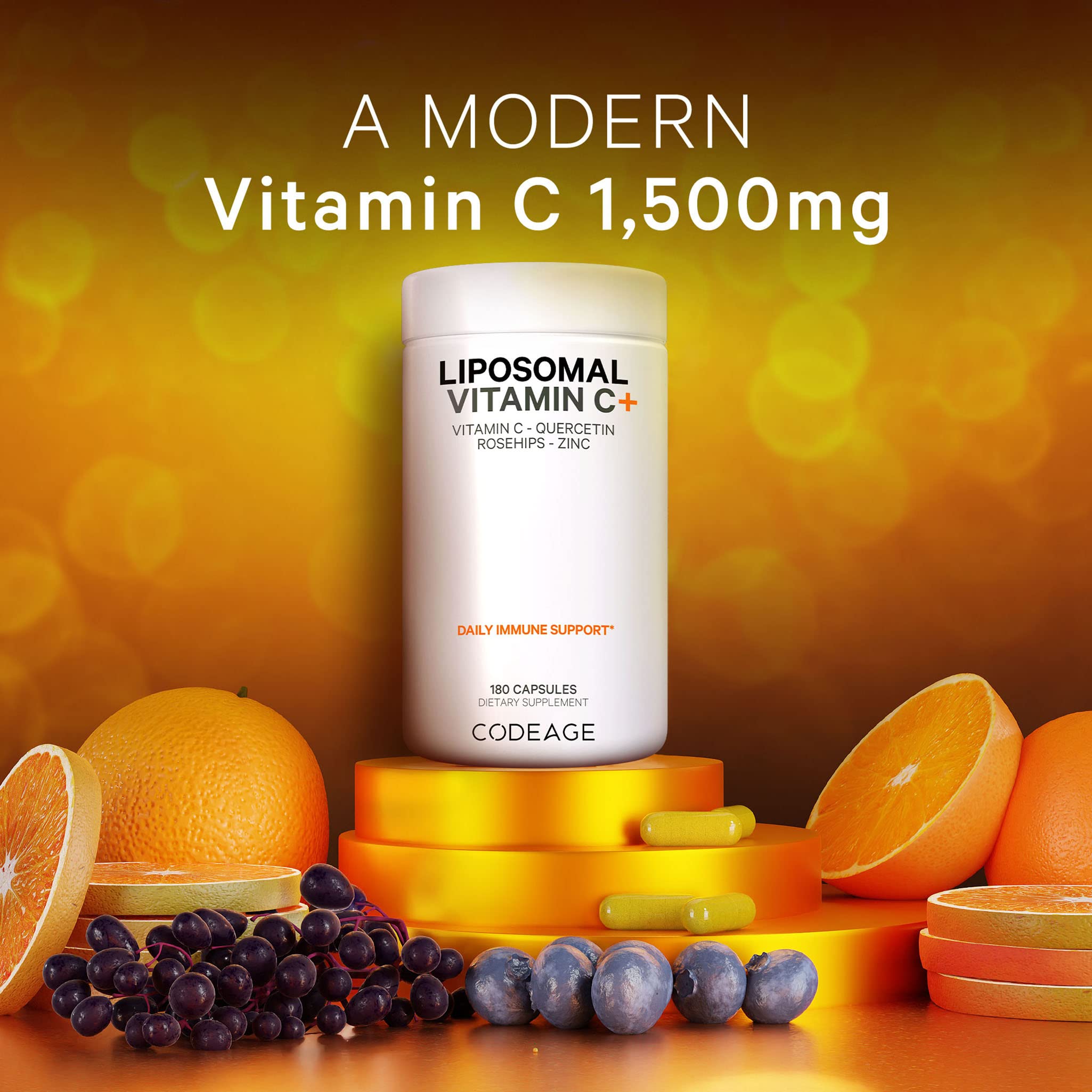 Codeage Liposomal Vitamin C elderberry powder visual for immune-supporting fruit ingredients.