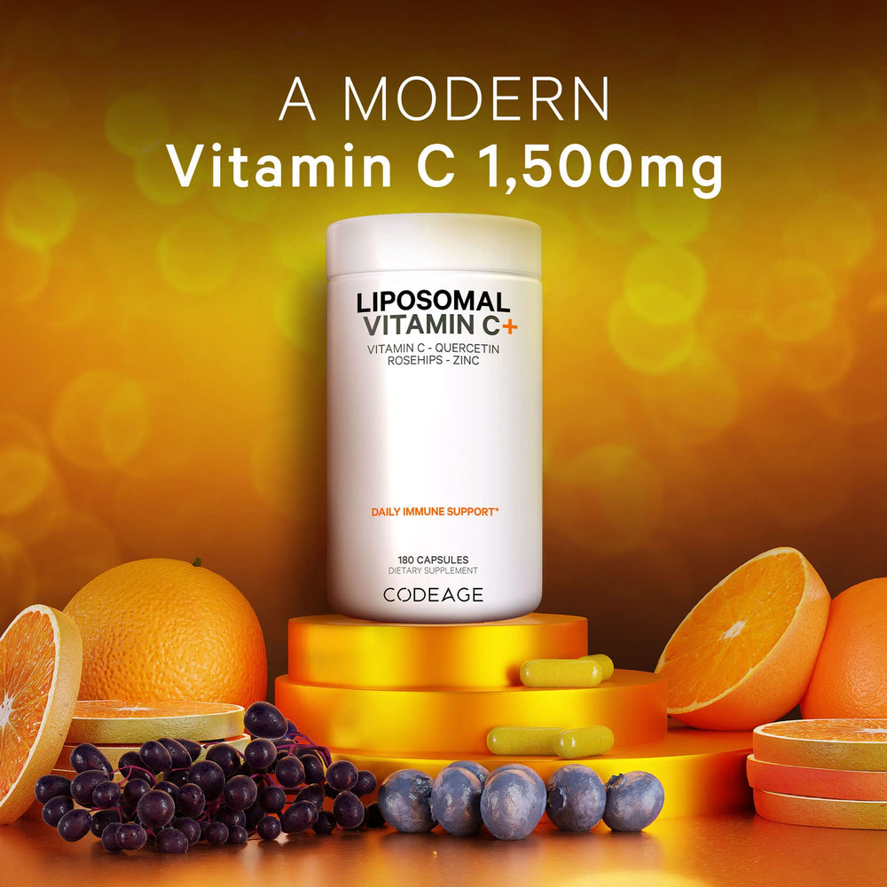 Codeage Liposomal Vitamin C elderberry powder visual for immune-supporting fruit ingredients.