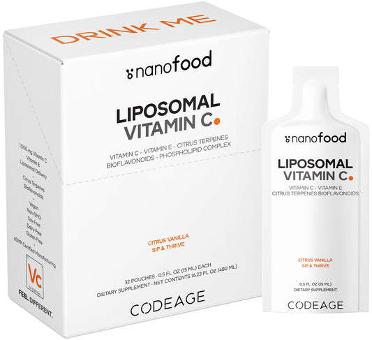 Codeage liposomal vitamin C liquid bottle displayed for daily use and on-the-go convenience