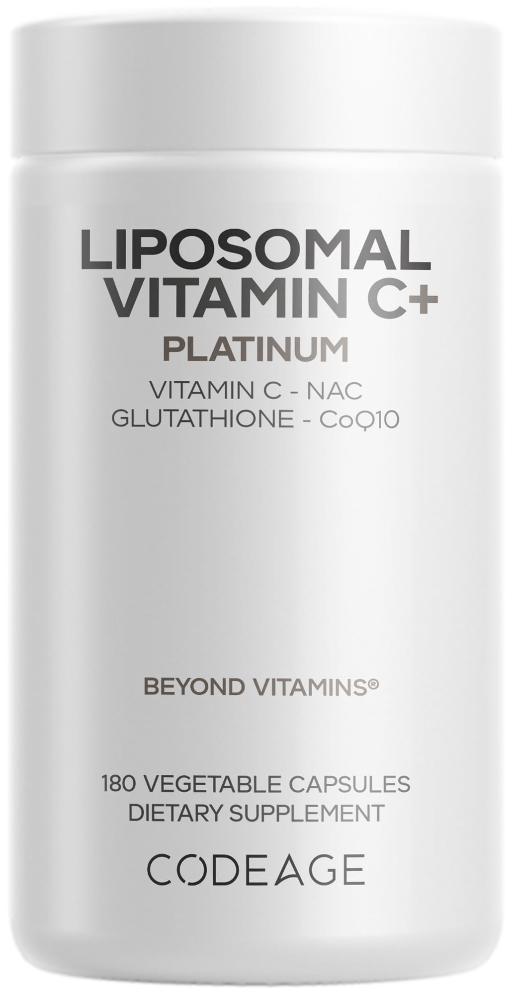 Codeage Liposomal Vitamin C+ Platinum bottle with 60 capsules for a two-month supply.