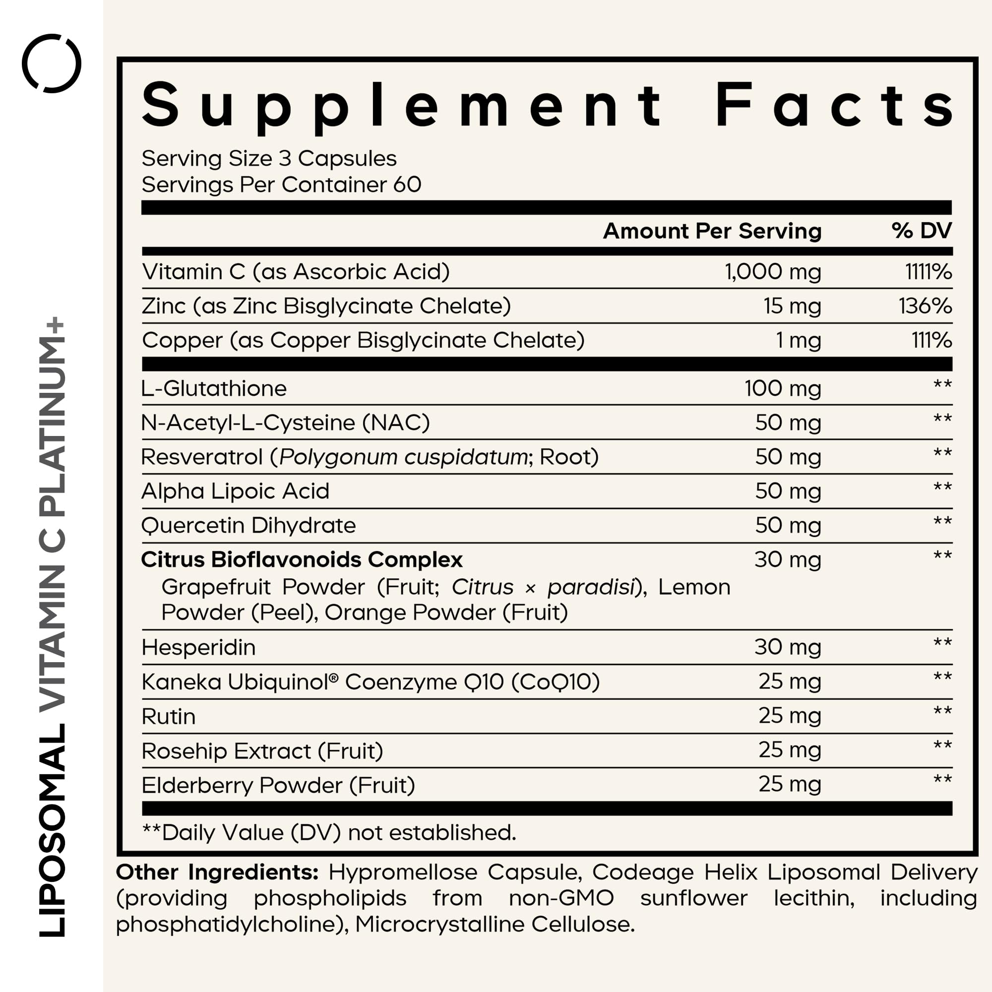 Close-up of Codeage Liposomal Vitamin C+ Platinum capsules highlighting a glossy finish.