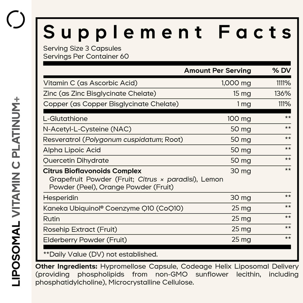 Close-up of Codeage Liposomal Vitamin C+ Platinum capsules highlighting a glossy finish.