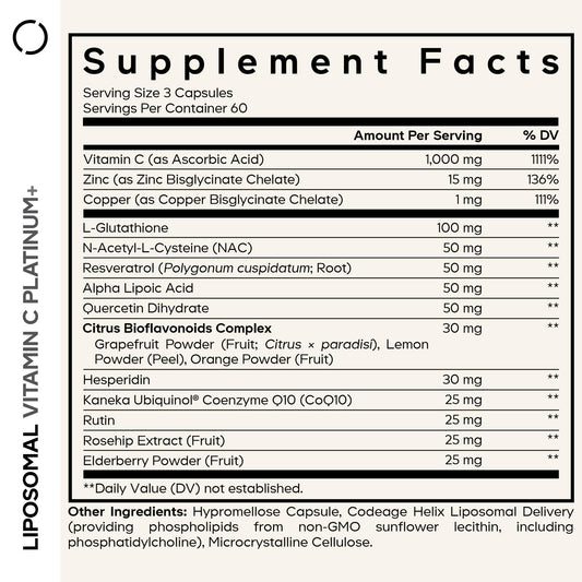 Close-up of Codeage Liposomal Vitamin C+ Platinum capsules highlighting a glossy finish.