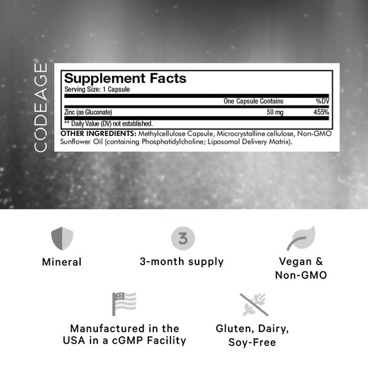 Codeage Liposomal Zinc 50mg capsule closeup highlights one-a-day dosing.