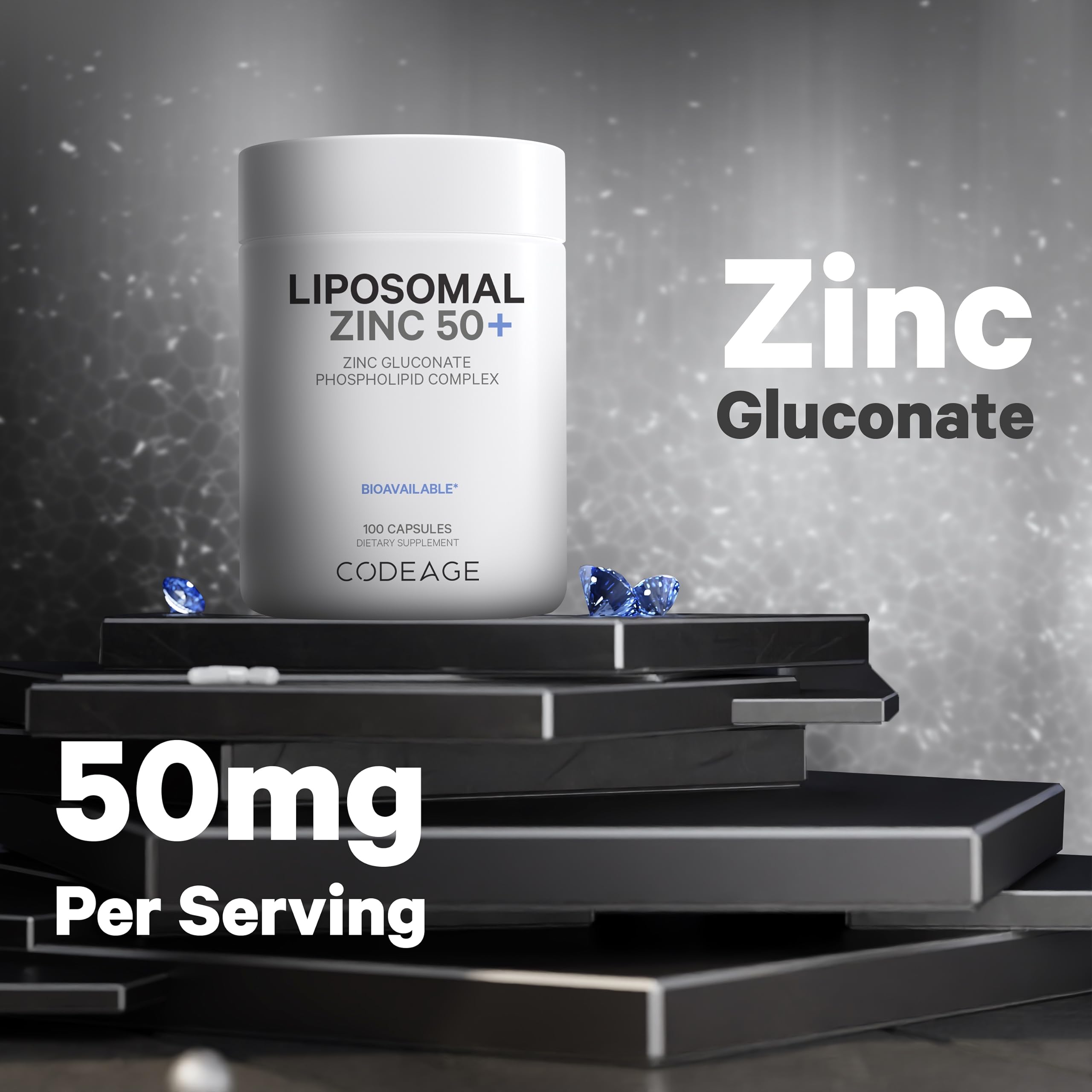 Codeage Liposomal Zinc packaging box shows vegan and non-GMO attributes.