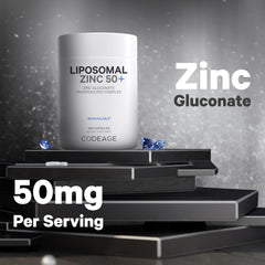 Codeage Liposomal Zinc packaging box shows vegan and non-GMO attributes.