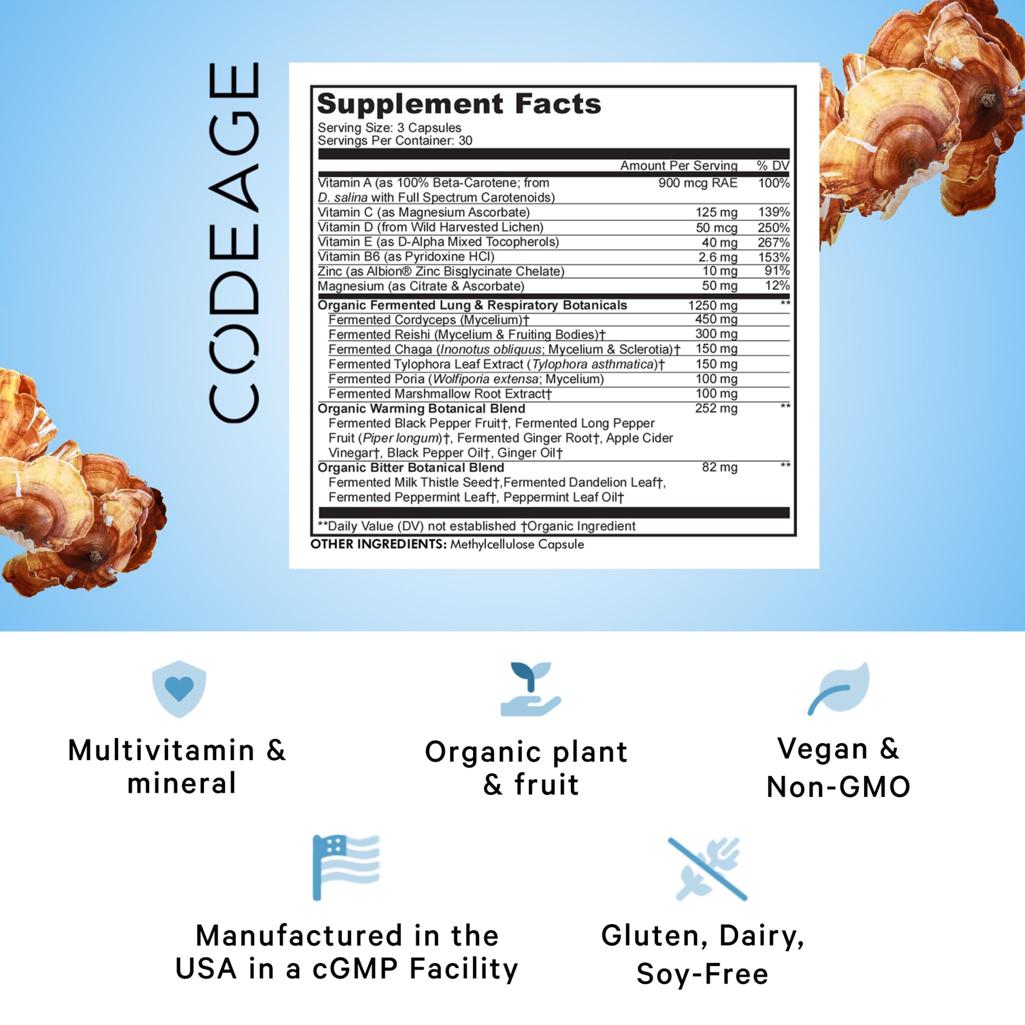 Codeage Lungs bottle label highlights ingredients and non-GMO claim.