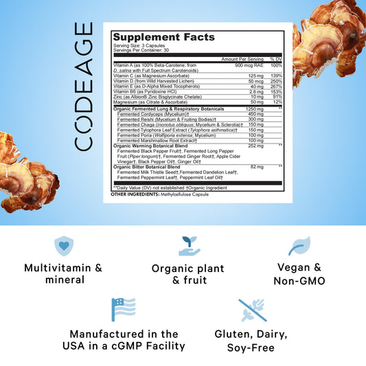 Codeage Lungs bottle label highlights ingredients and non-GMO claim.