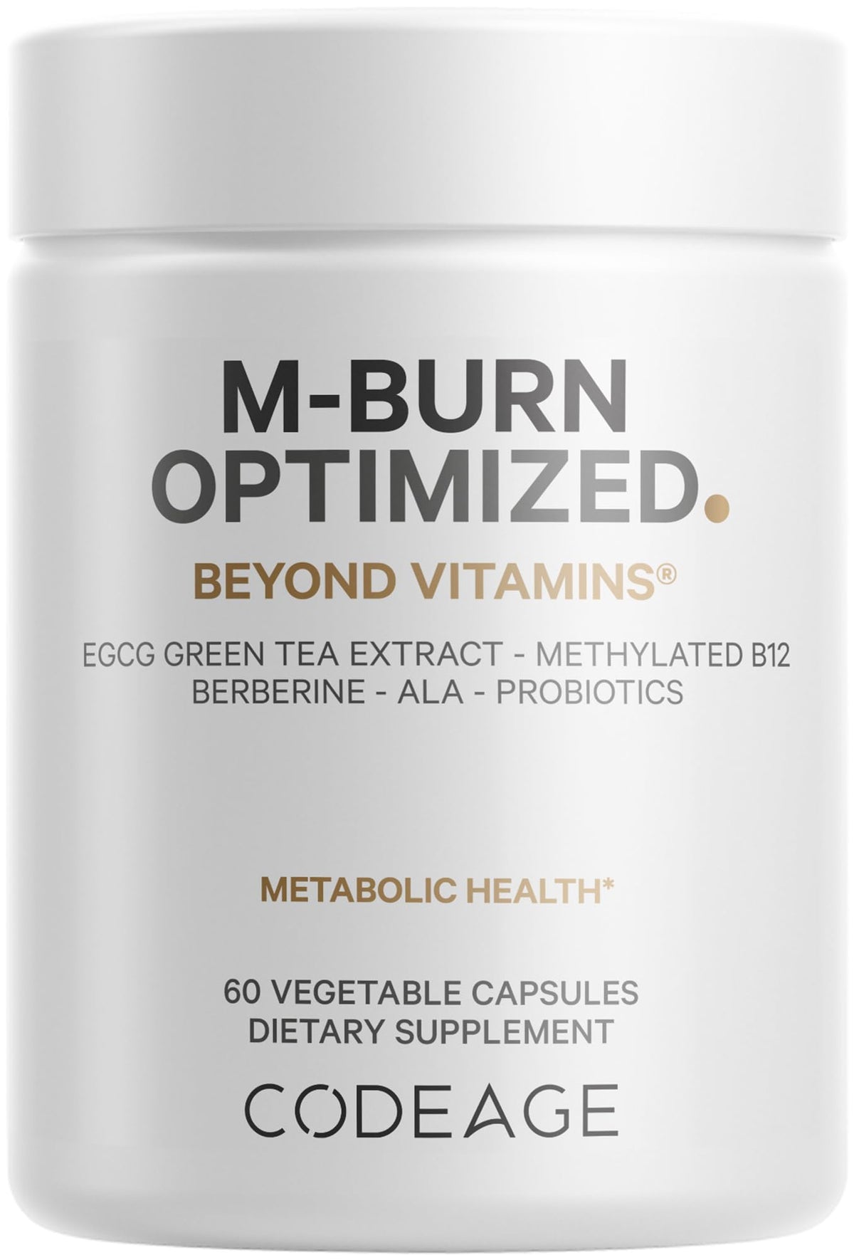 Codeage M-Burn Optimized bottle featuring decaffeinated green tea extract for calm focus.