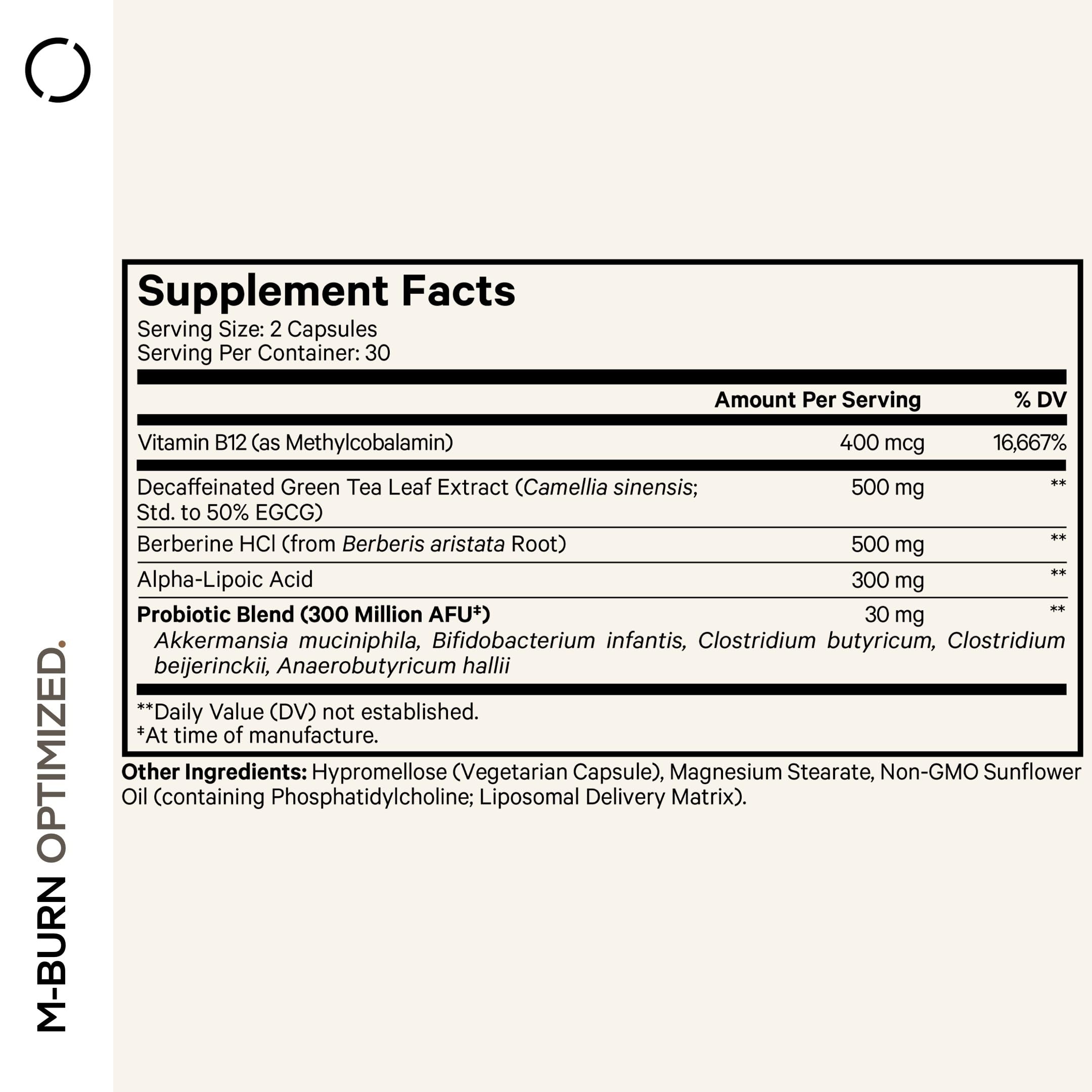 Codeage M-Burn Optimized capsules highlight probiotic blend for gut health.