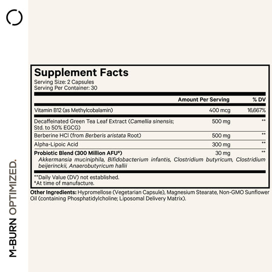 Codeage M-Burn Optimized capsules highlight probiotic blend for gut health.