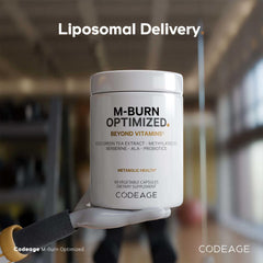 Codeage M-Burn Optimized probiotic strains like Akkermansia muciniphila featured on label.