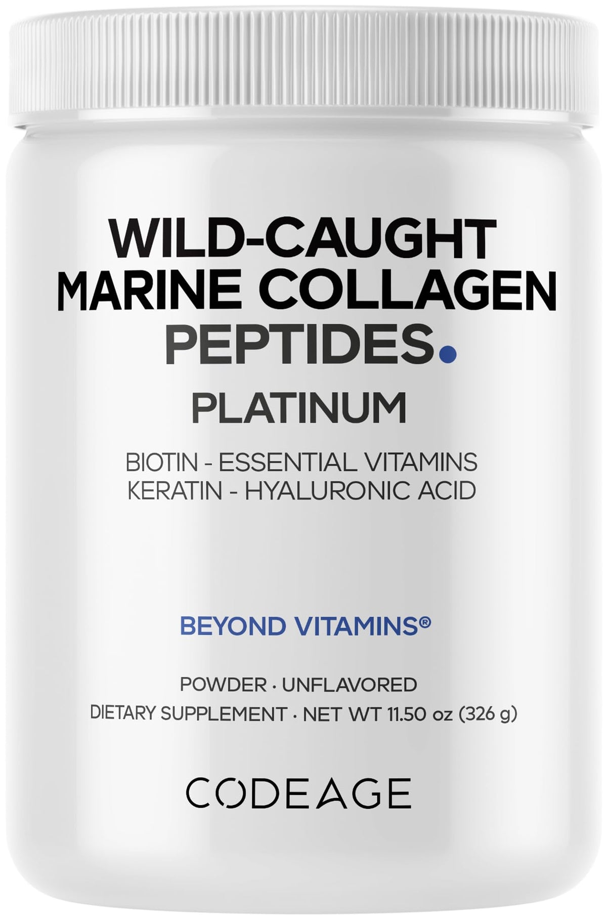 Codeage Marine Collagen Platinum bottle showcases premium wild-caught marine collagen for daily skin and joint wellness.