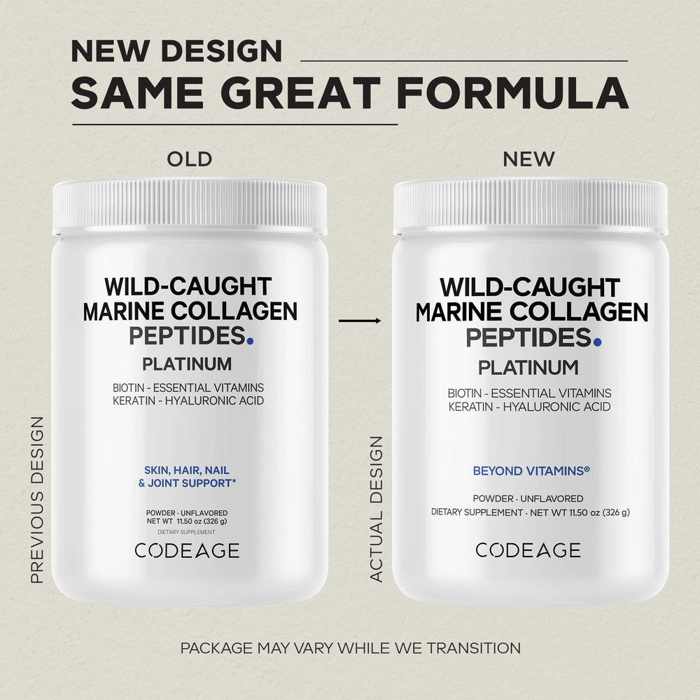 Codeage Marine Collagen Platinum ingredients label highlights 18 amino acids and added nutrients.