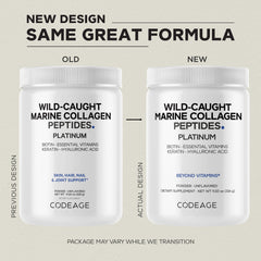 Codeage Marine Collagen Platinum ingredients label highlights 18 amino acids and added nutrients.