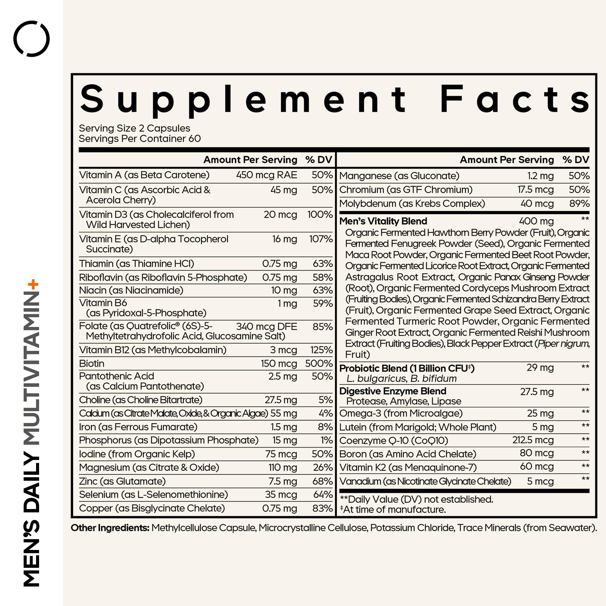 Codeage Men's Daily Multivitamin label closeup highlights ingredients and probiotic blend.