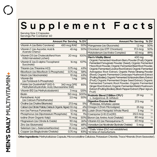 Codeage Men's Daily Multivitamin label closeup highlights ingredients and probiotic blend.