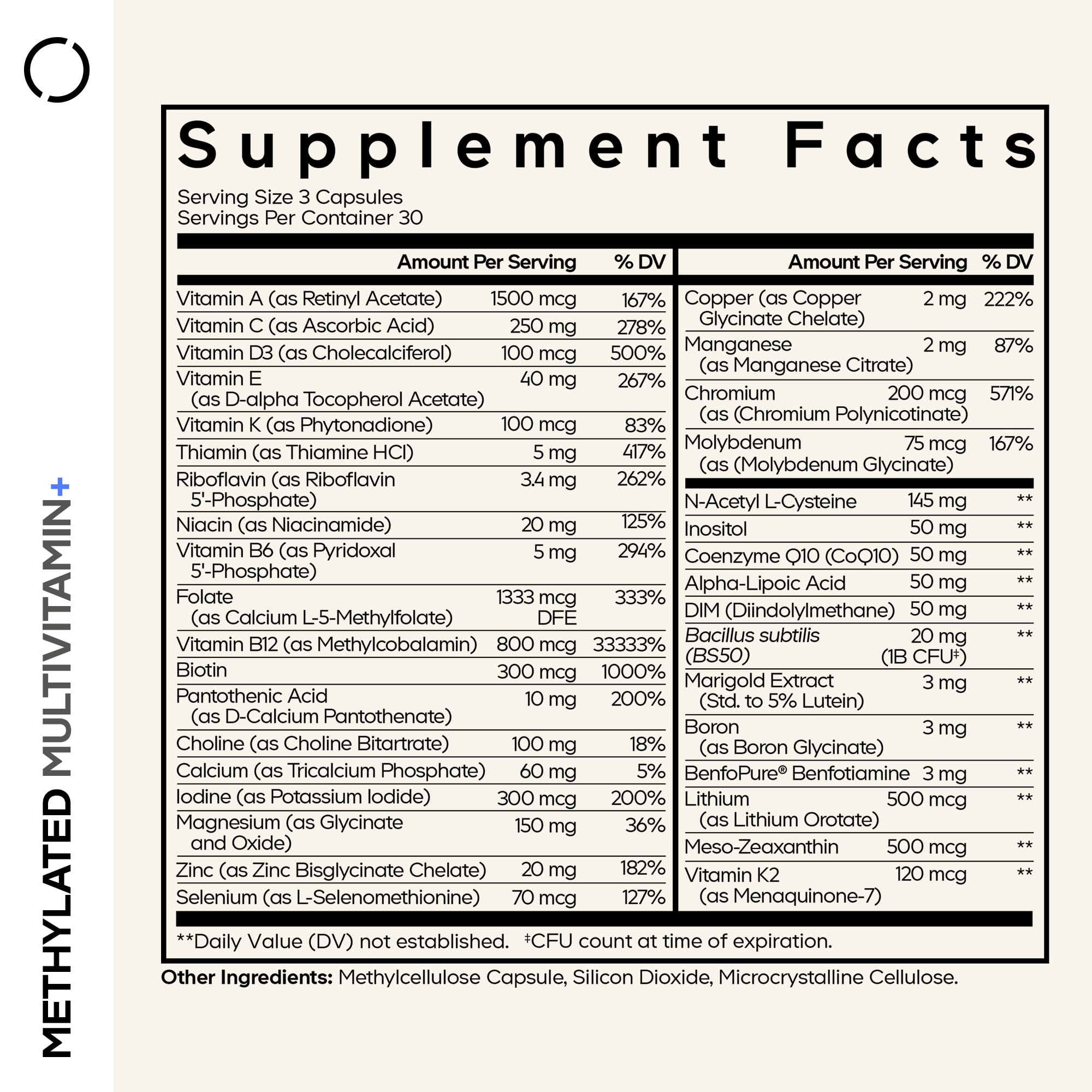 Codeage bottle label close-up highlighting B vitamins and methylated folate.