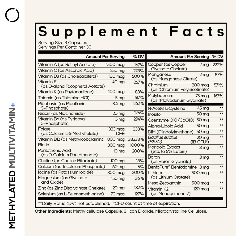 Codeage bottle label close-up highlighting B vitamins and methylated folate.
