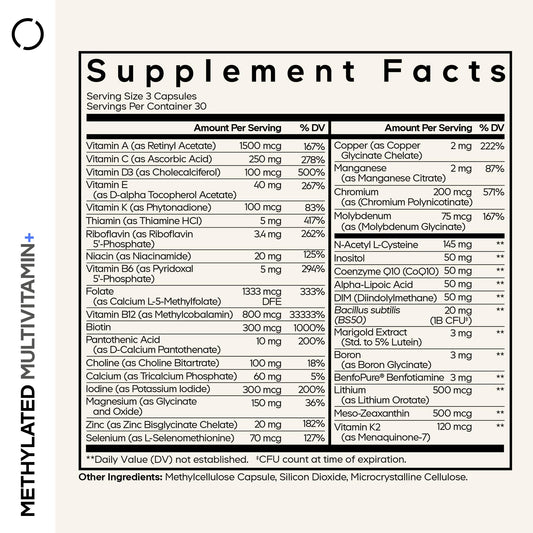 Codeage bottle label close-up highlighting B vitamins and methylated folate.