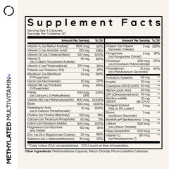 Codeage bottle label close-up highlighting B vitamins and methylated folate.