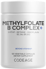Codeage Methylfolate B Complex bottle front shows vegan formula for daily support.