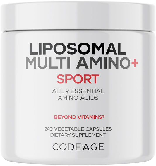 Codeage Multi Amino+ bottle shows essential amino acids for daily protein support.