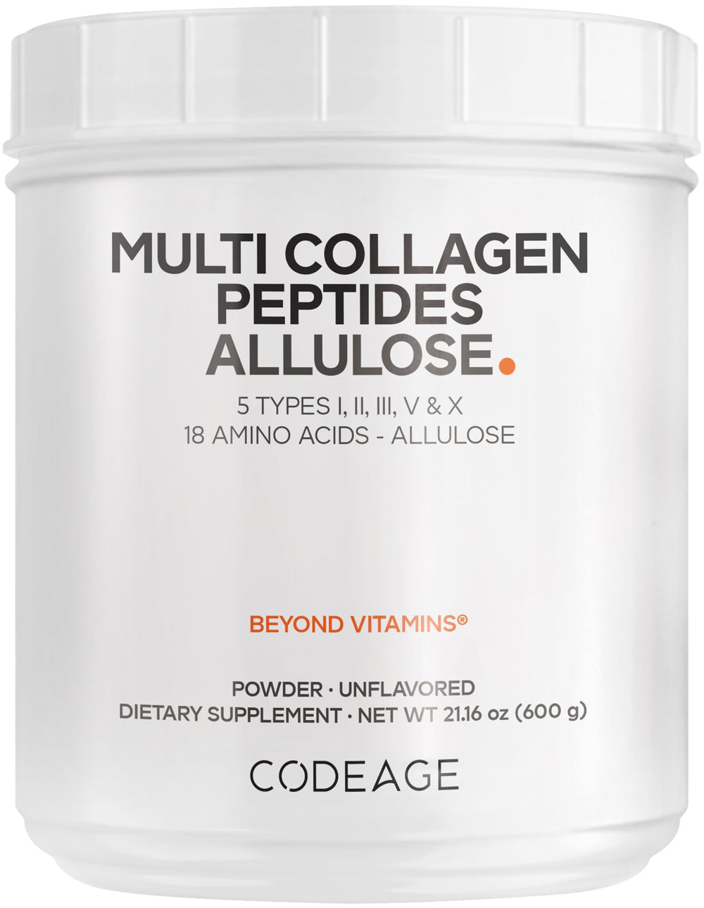 Codeage multi collagen allulose powder tin close-up highlights texture for blending.